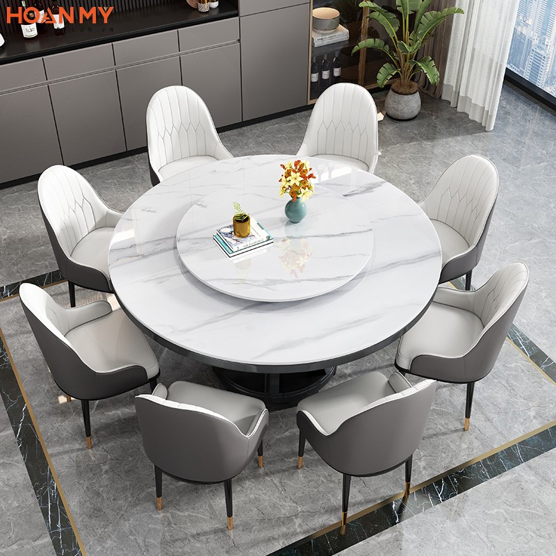 Bộ bàn ăn 2 mặt đá mâm xoay ghế da Gubi - Bàn ghế ăn căn hộ nhà phố cao cấp  tại HCM