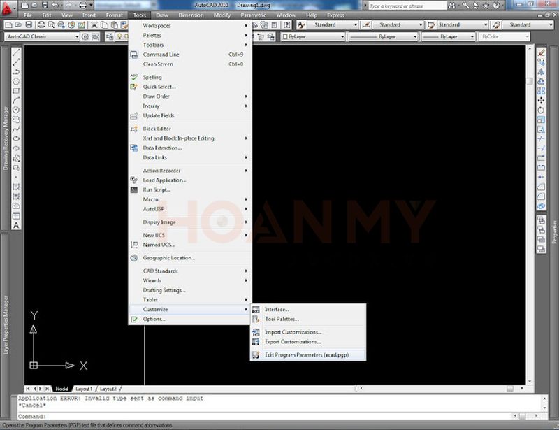 Vào phần Tool >> Customize >> Edit Program Parameters (acad.pgp)