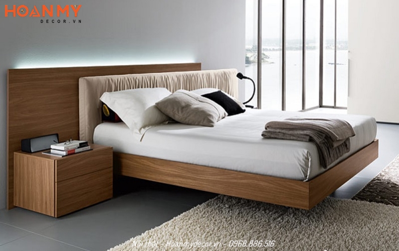 Thiết kế giường ngủ gỗ MDF phủ Melamine vân gỗ đẹp có chân giường thẩm mỹ