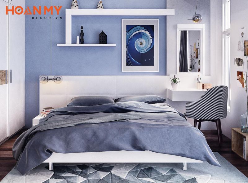 Phòng ngủ đẹp màu xanh nước biển dành cho người thích sự đơn giản