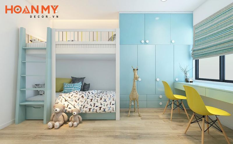 Phòng ngủ xanh nước biển cho bé trai với hệ thống 2 giường tầng ấn tượng