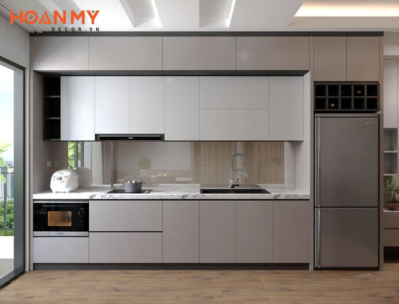 Tủ bếp melamine màu tối giản thiết kế tối ưu công năng