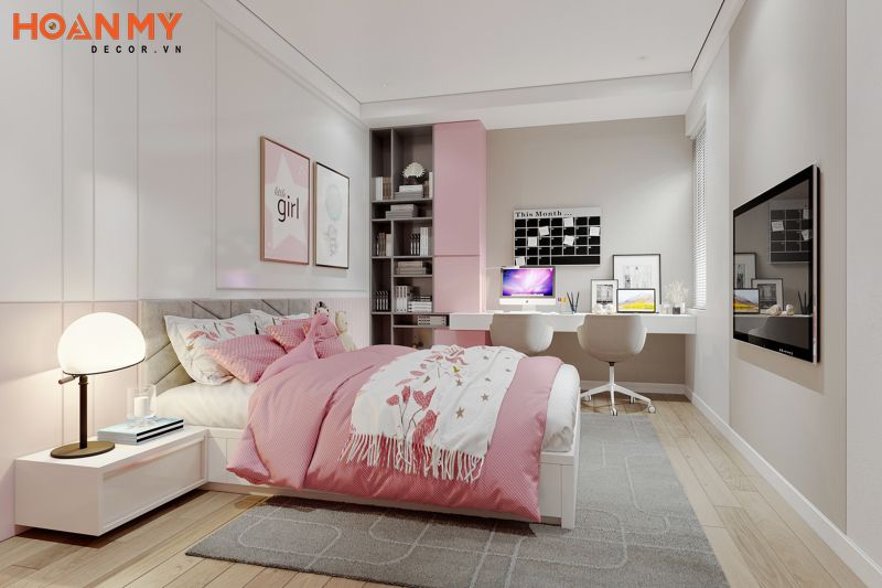 Phòng ngủ màu hồng nhẹ nhàng cho bé gái