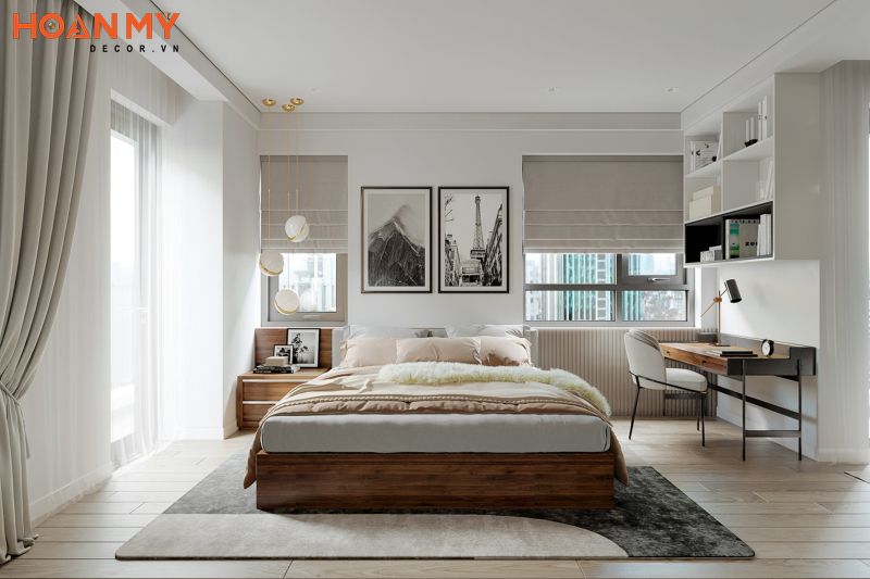 Phòng ngủ master với tone màu gỗ và màu trắng kết hợp nhẹ nhàng, tinh tế