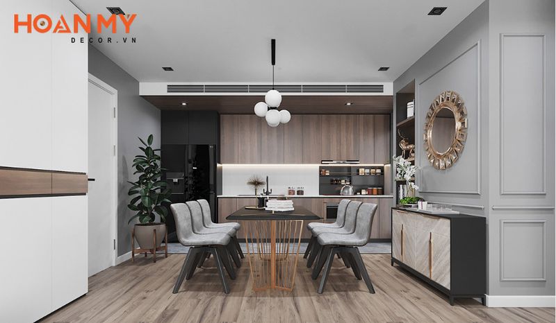 Tại không gian căn hộ này phòng khách và phòng bếp được thiết kế liên thông tạo không gian mở tối ưu