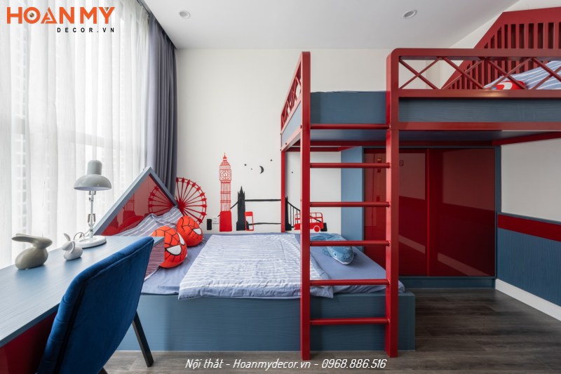 Phòng ngủ màu xanh, đỏ  ấn tượng