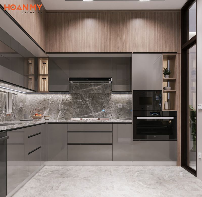 Không gian bếp được thiết kế với tông màu cực kỳ ấn tượng