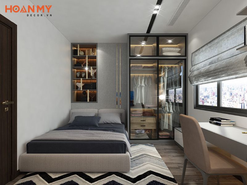 Không gian phòng ngủ với tông màu tối giản tạo không gian tiện nghi đơn giản