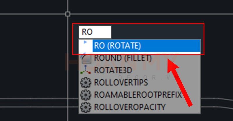 Nhập lệnh RO (Rotate) -> Ấn phím Space hoặc phím Enter