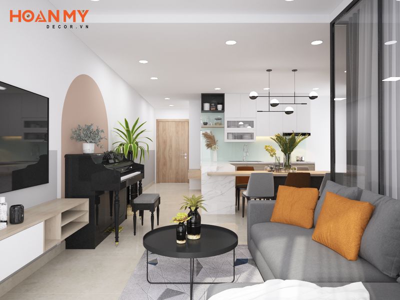 Căn hộ 2 phòng ngủ được thiết kế theo phong cách hiện đại ấn tượng với nội thất thiết kế đơn giản tiện nghi nhẹ nhàng