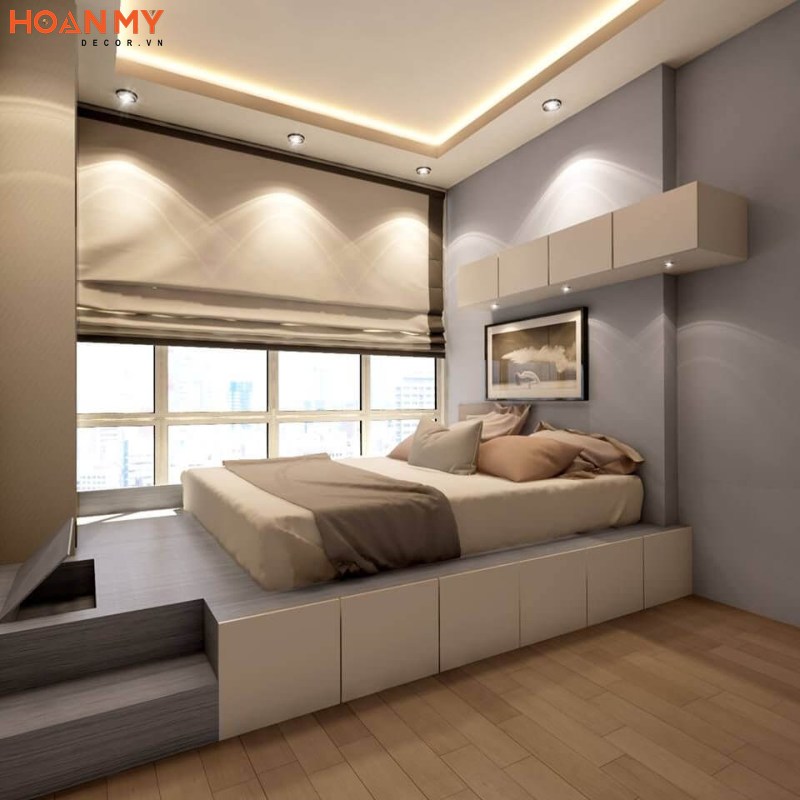 Thiết kế giường ngủ dạng bục gỗ công nghiệp hiện đại