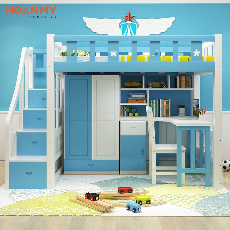 Giường tầng cho bé trai kết hợp với tủ quần áo và bàn học tiện nghi