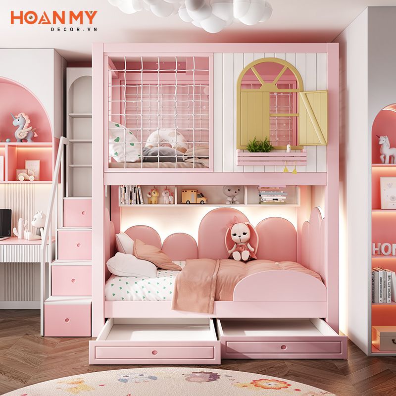 Ấn tượng với mầu giường tầng cho bé gái hình ngôi nhà màu hồng tinh tế