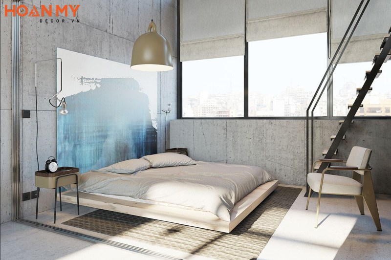 Phòng ngủ ốp vân xi măng cho bức tường ấn tượng, tạo điểm nhấn cho không gian