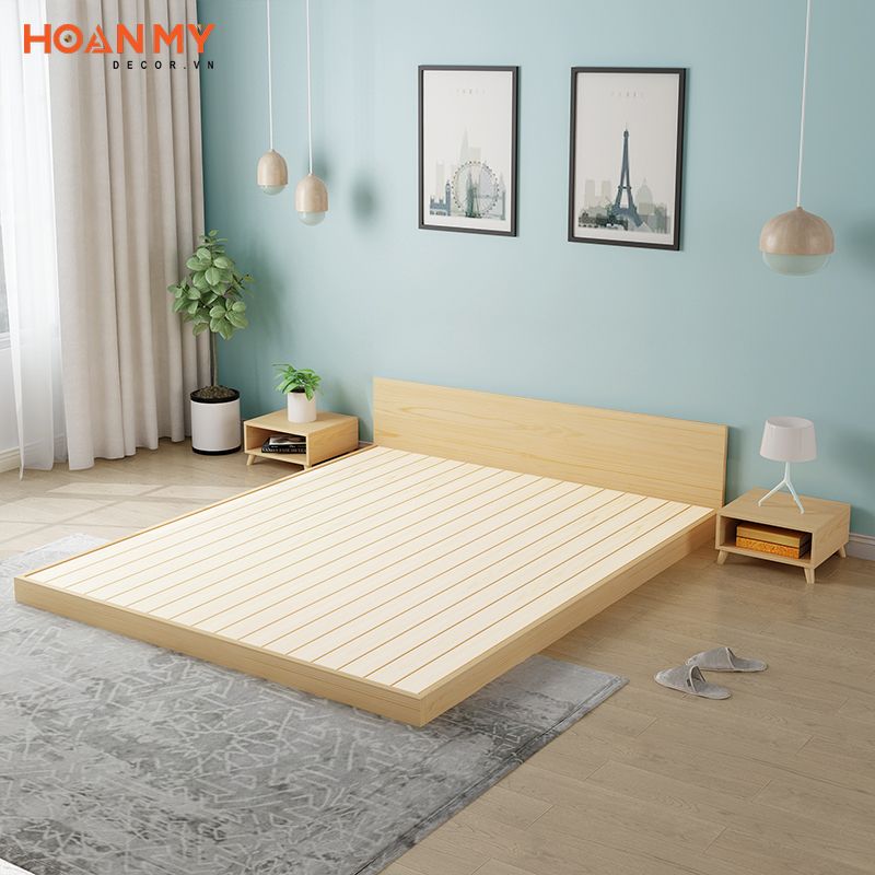 Mẫu giường ngủ bệt với chất liệu gỗ công nghiệp tông màu sáng