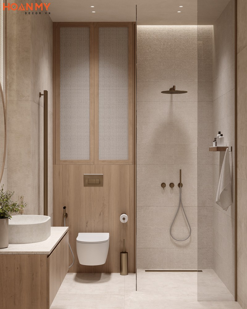 Nhà vệ sinh hiện đại kết hợp với kiểu dáng và màu sắc truyền thống vô cùng tinh tế