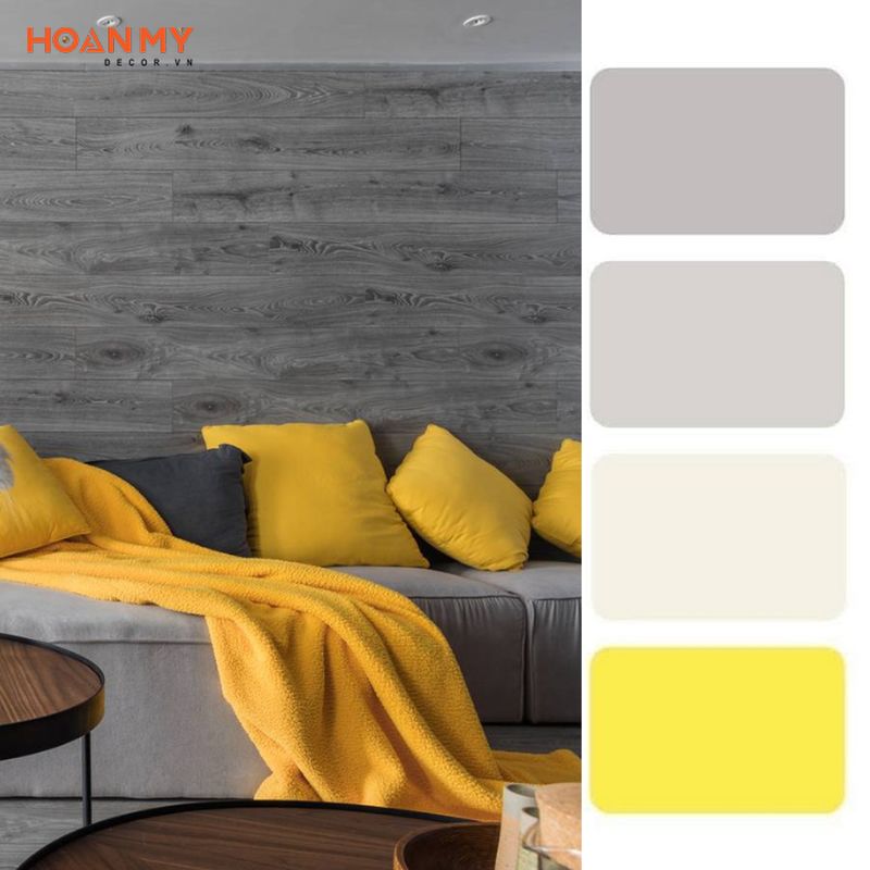 Phối màu trong thiết kế nội thất với tông màu ghi làm chủ đạo màu vàng được xem là tông màu tạo điểm nhấn cho không gian