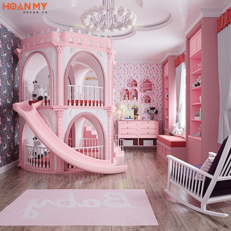 Bố trí giường tầng lâu đài công chúa màu hồng tuyệt đẹp tạo không gian nghỉ ngơi, học tập và vui chơi an toàn cho con gái 15 tuổi