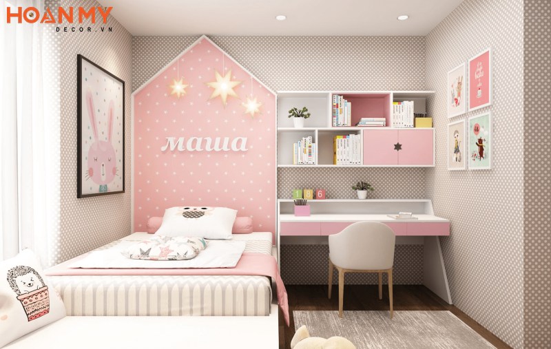 Thiết kế phòng ngủ 10m2 cho bé màu hồng đẹp