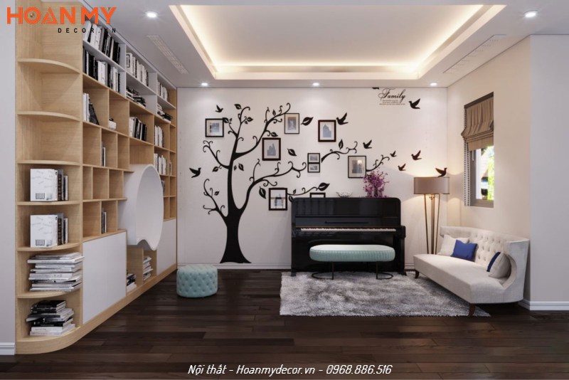 Bố trí sofa, đàn piano và không gian đọc sách đơn giản và đẹp