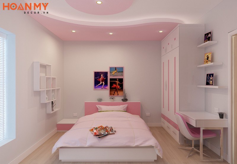 Kết hợp màu trắng - màu hồng đẹp cho trần phòng ngủ