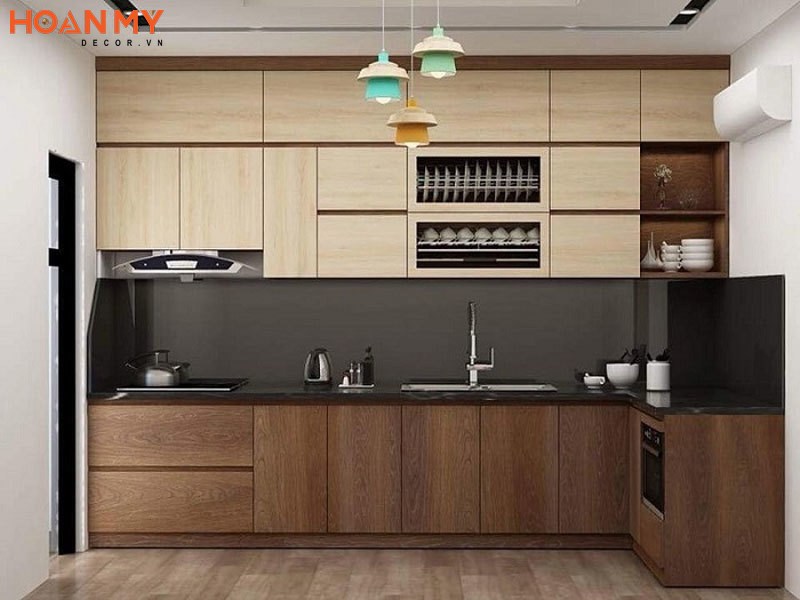 Kết hợp 2 tone màu gỗ đẹp cho tủ bếp 2 tầng