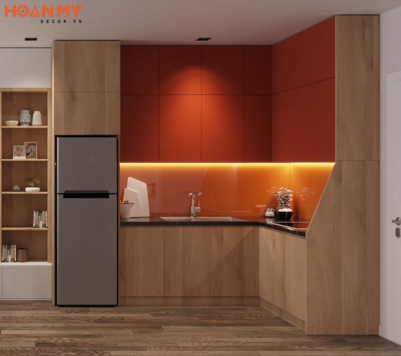 Tủ bếp 2 tầng sử dụng MDF chống ẩm phủ Melamine vân gỗ và màu đỏ 