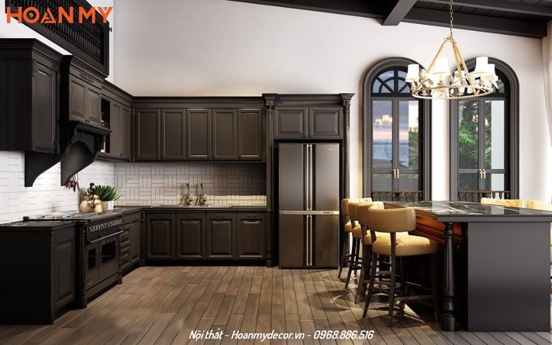 Tủ bếp Indochine tủ L đẹp màu đen cho phòng bếp rộng rãi