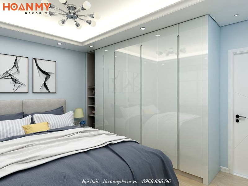 Tủ áo màu trắng sử dụng cốt gỗ công nghiệp MDF phủ acrylic bóng gương