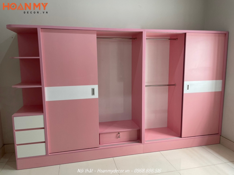 Thi công hệ tủ quần áo màu hồng đa năng cho phòng ngủ tiện nghi