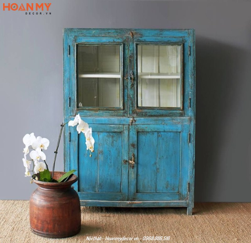Tủ quần áo gỗ Sồi sơn màu xanh kiểu dáng truyền thống 