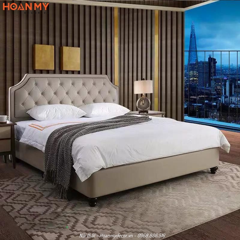 Giường ngủ thiết kế bọc nỉ với các đường nét sáng tạo
