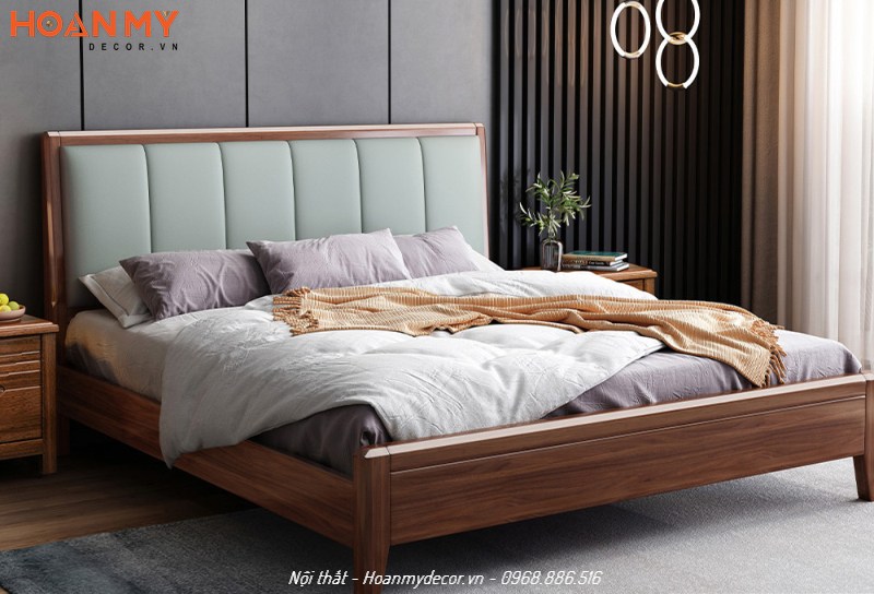 Mẫu giường bọc nỉ đẹp gỗ tự nhiên Óc Chó
