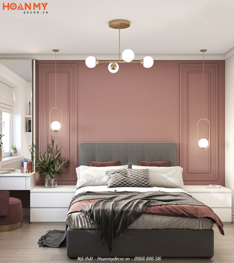 Sơn màu hồng cho tường phòng ngủ Tân cổ điển đẹp