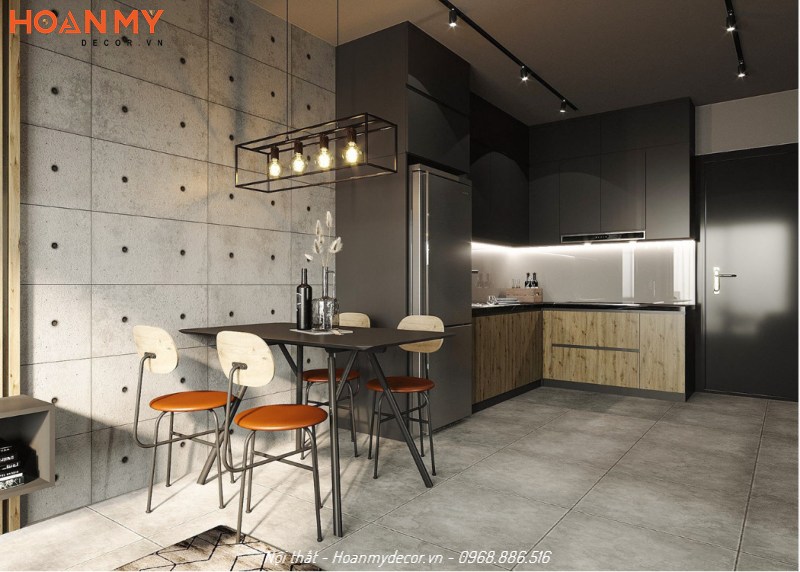 Tủ bếp gỗ MDF phủ laminate màu đen và vân gỗ kết hợp thẩm mỹ