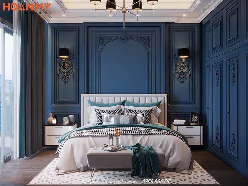 Sơn tường phòng ngủ màu xanh dương theo phong cách Tân cổ điển sang trọng