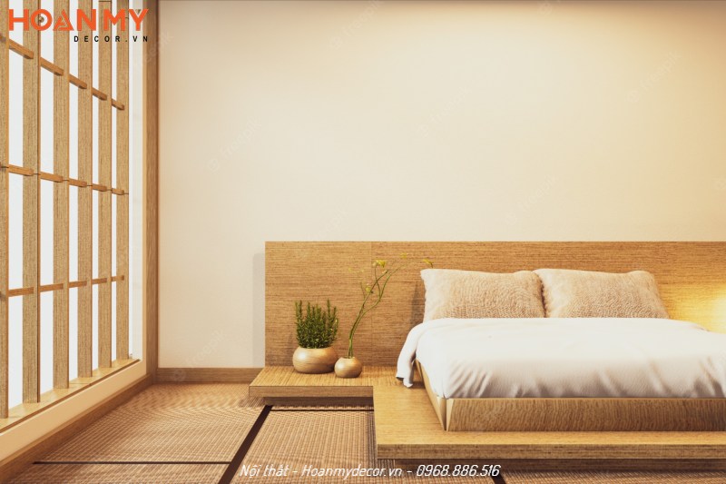 Mẫu thiết kế phòng ngủ phong cách nhật bản chất liệu gỗ tự nhiên