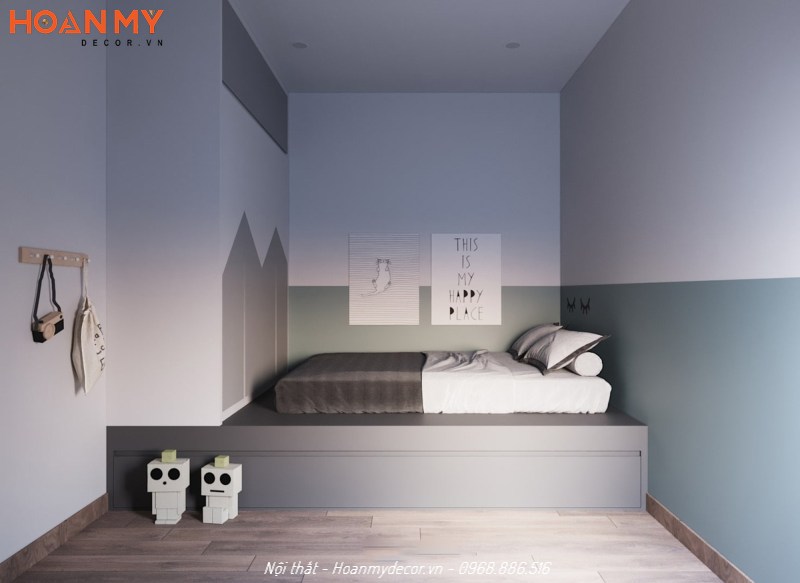 Phòng ngủ tối giản cho bé trai sử dụng giường có ngăn kéo để đồ tối ưu không gian