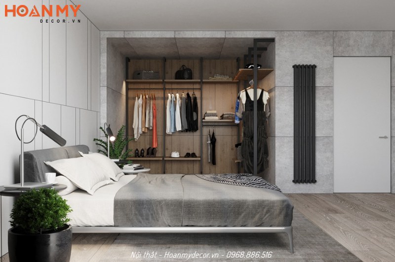 Sử dụng rèm hiện đại gấp gọn tạo nên phòng thay đồ khi sử dụng trong phòng ngủ