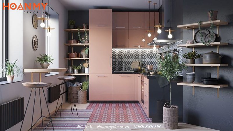 Mẫu tủ bếp hiện đại nhất màu hồng dễ thương