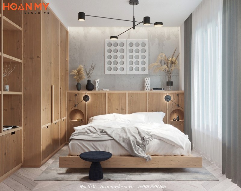 Mẫu nội thất phòng ngủ nhỏ 8m2 gỗ Sồi tự nhiên