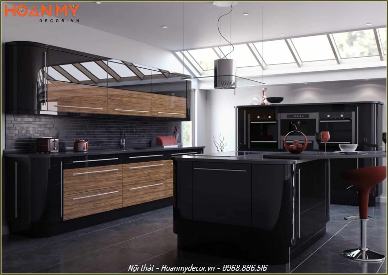 Tủ bếp màu đen phủ acrylic thẩm mỹ