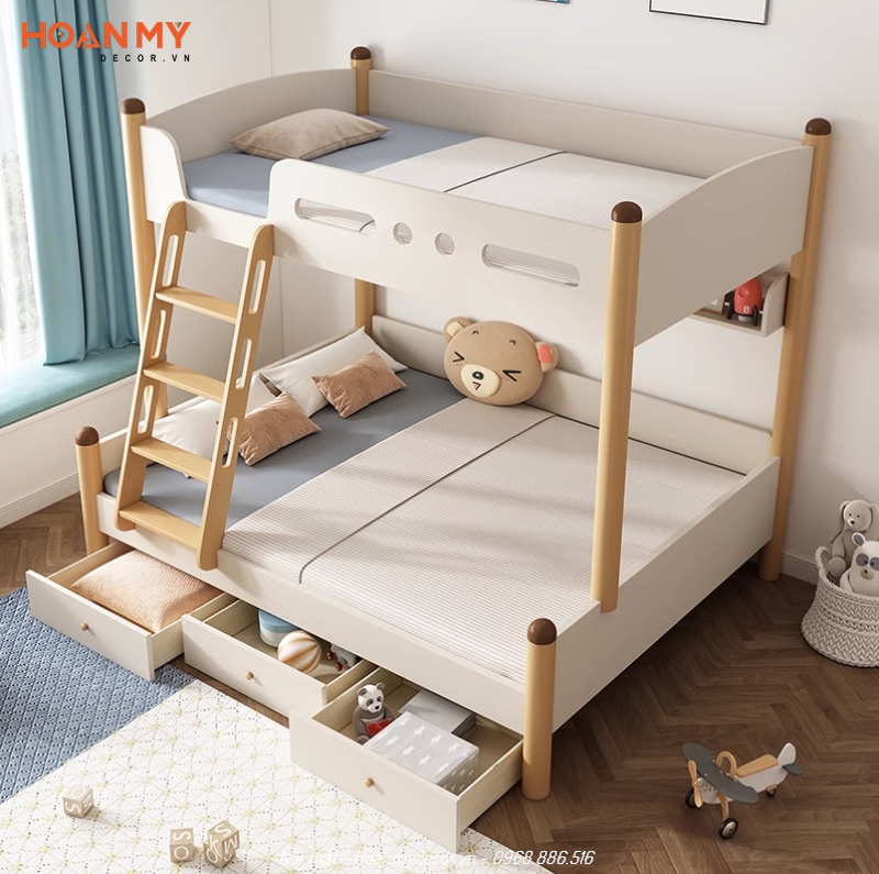 Bố trí giường tầng có bàn gấp gọn tiện lợi cũng có thể giúp bé rèn luyện tính ngăn nắp