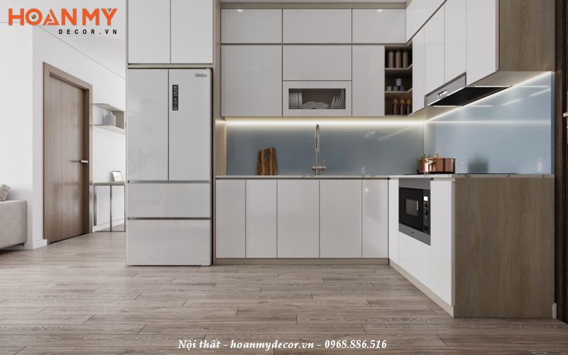 Tủ bếp hình chữ L phủ Laminate màu trắng trẻ trung