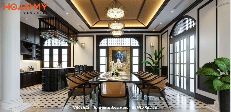 Mẫu thiết kế nội thất phòng bếp biệt thự Indochine kết hợp với bàn ăn sang trọng, ấm cúng