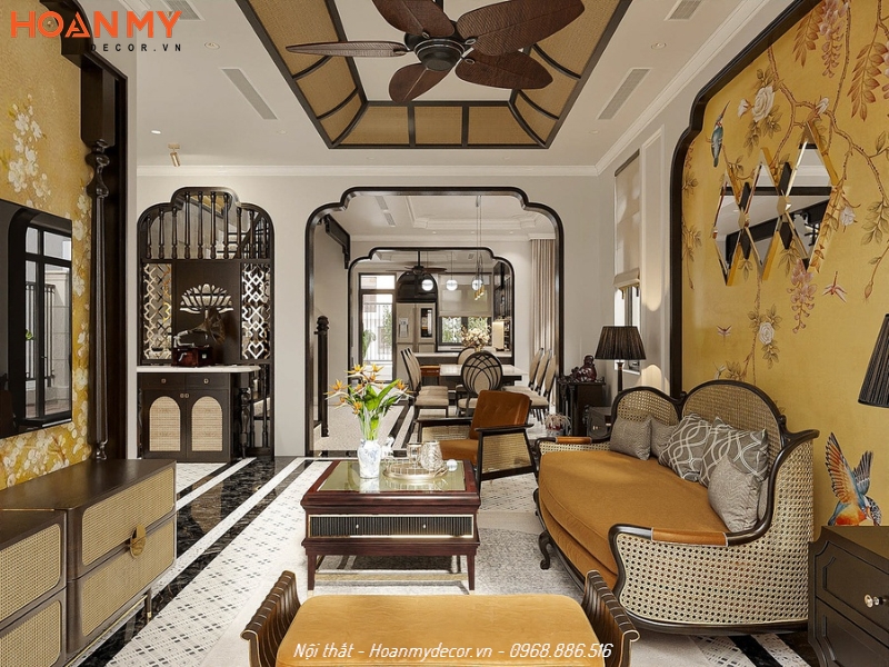 Thiết kế phòng khách Indochine màu sắc nhiệt đới ấn tượng