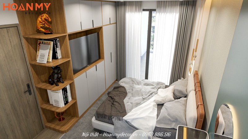 Thiết kế nội thất căn hộ chung cư 54m2 bố trí 2 phòng ngủ