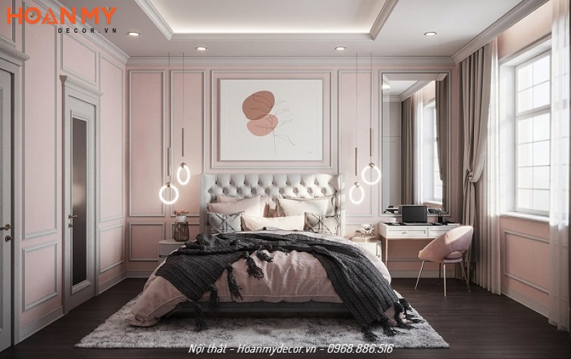 Thiết kế phòng ngủ Tân cổ điển màu hồng