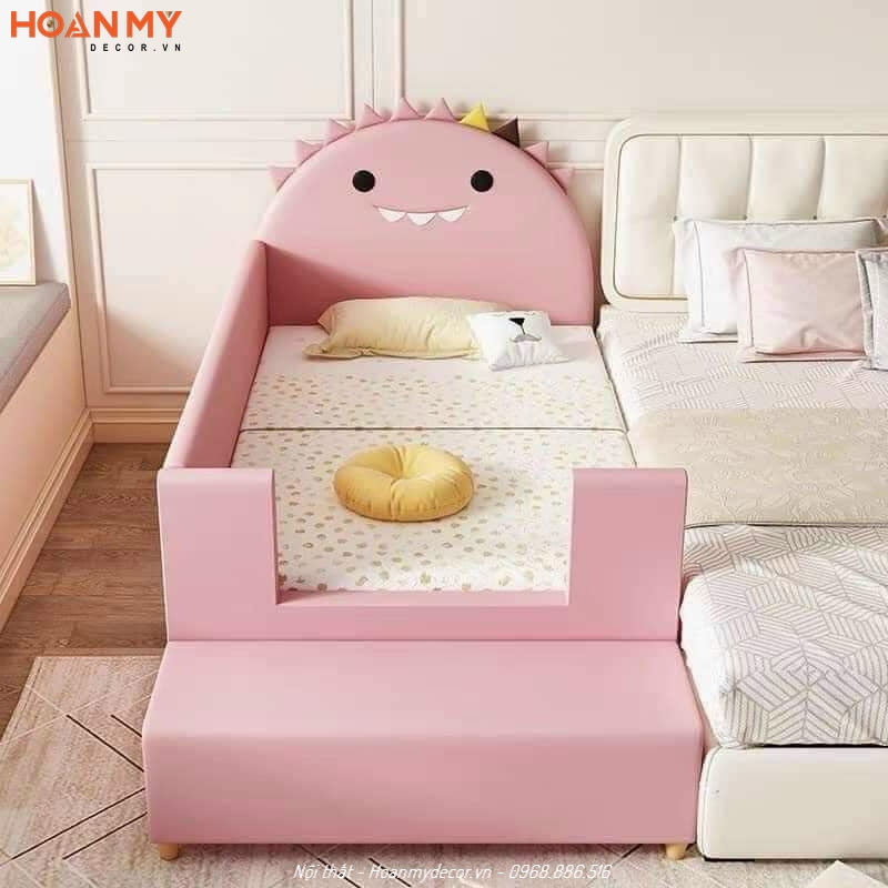 Thi công giường bọc nệm màu hồng êm ái cho con gái nhỏ