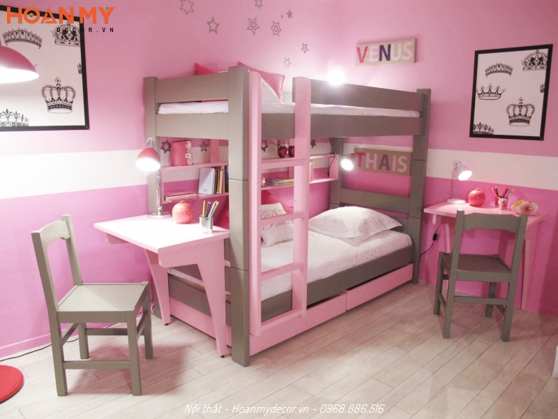 Giường tầng hiện đại màu hồng cho bé gái